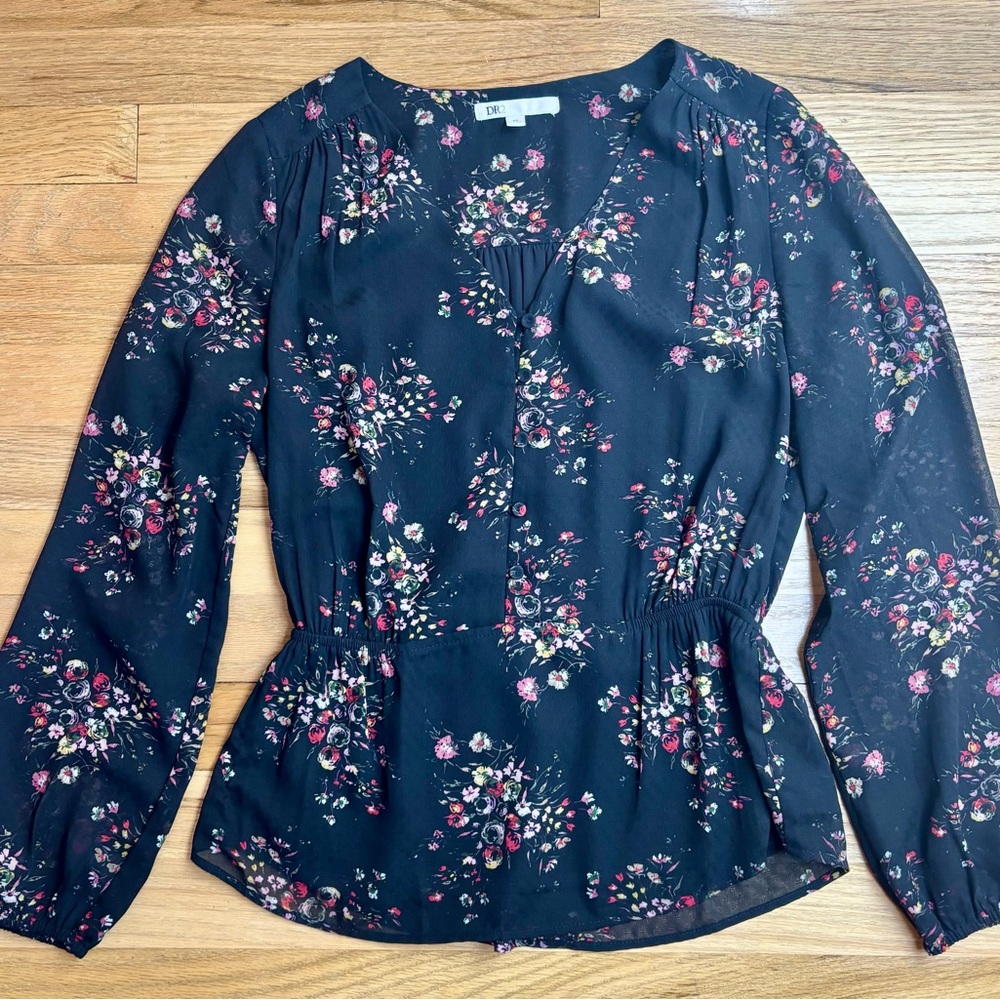 DR2 Daniel Rain Top Womens Black Floral Chiffon Bohemian V-neck Peplum Lined XS